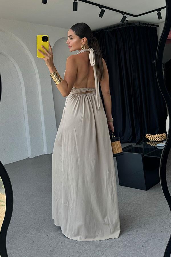 Lively Boyundan Bağlamalı Sırt Dekolteli Elbise-Bej