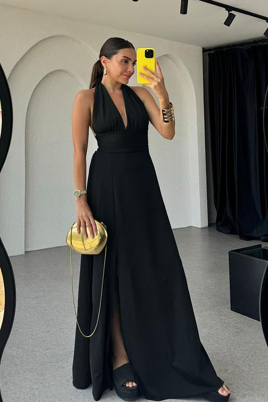 Lively Boyundan Bağlamalı Sırt Dekolteli Elbise-Siyah