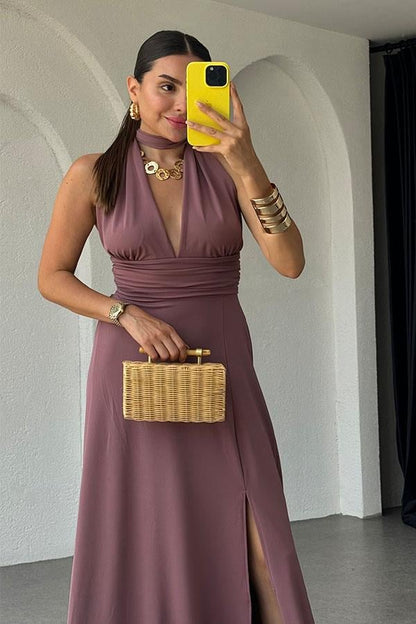 Lively Boyundan Bağlamalı Sırt Dekolteli Elbise-Gül Kurusu