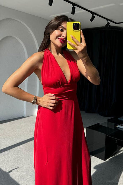 Lively Boyundan Bağlamalı Sırt Dekolteli Elbise-Kırmızı