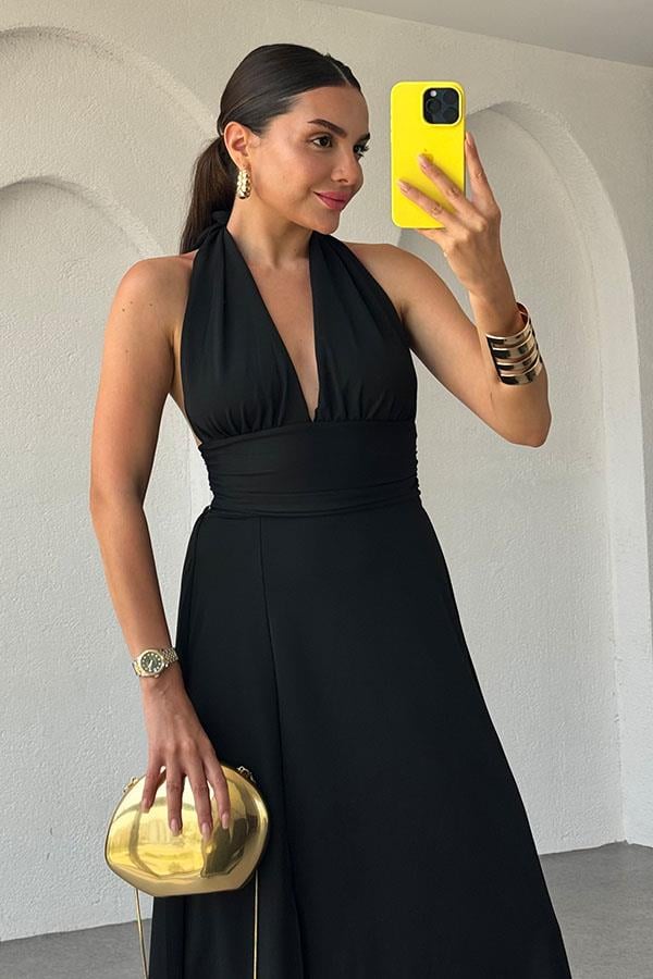 Lively Boyundan Bağlamalı Sırt Dekolteli Elbise-Siyah