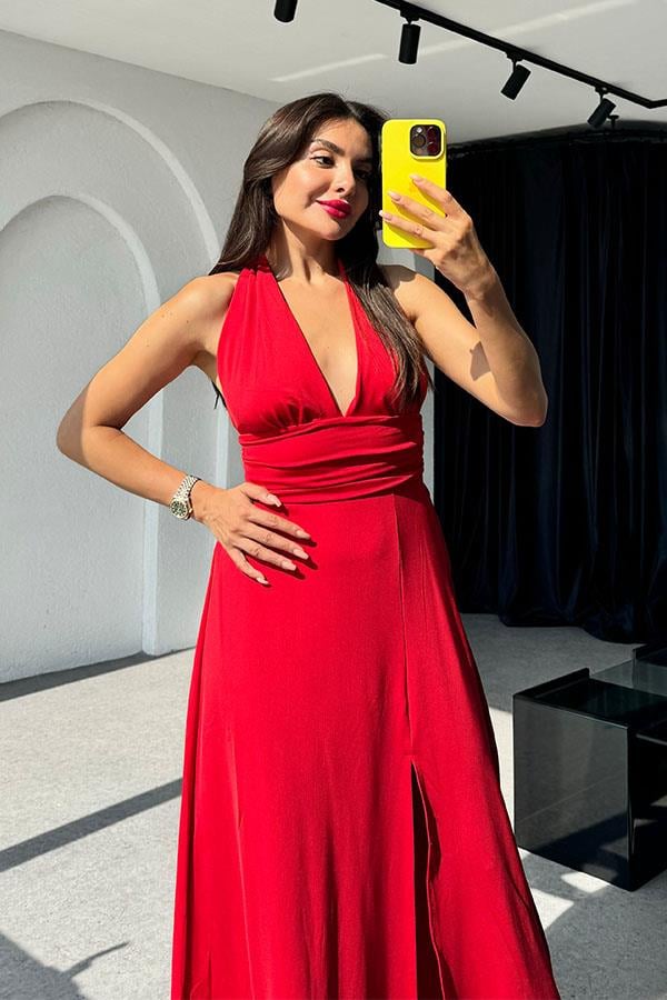 Lively Boyundan Bağlamalı Sırt Dekolteli Elbise-Kırmızı
