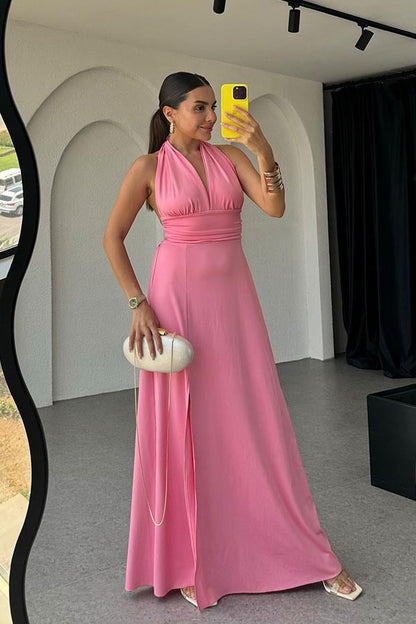 Lively Boyundan Bağlamalı Sırt Dekolteli Elbise-Pembe