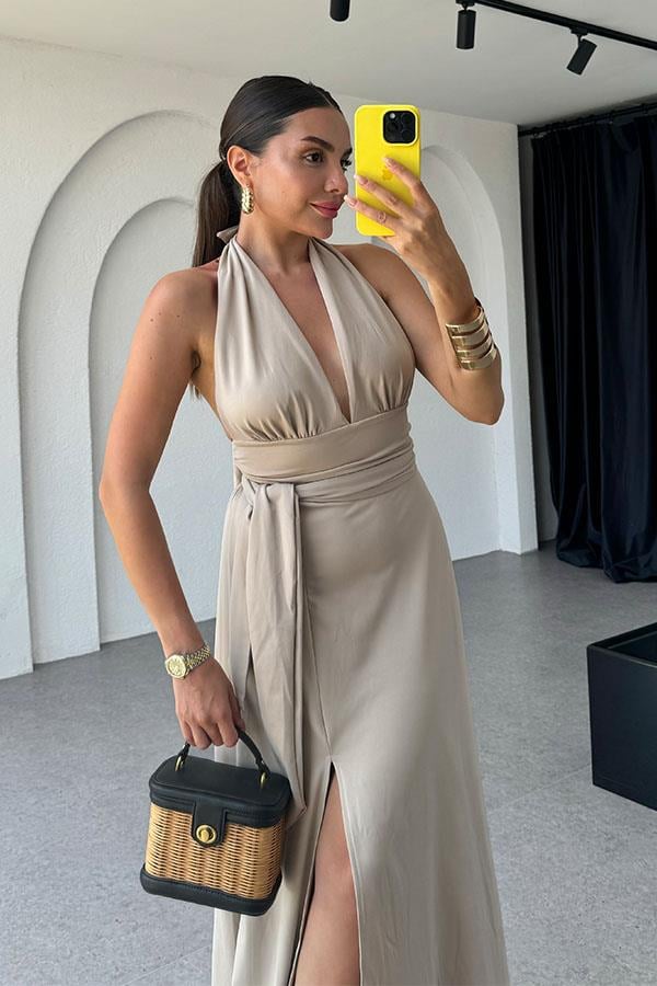 Lively Boyundan Bağlamalı Sırt Dekolteli Elbise-Bej