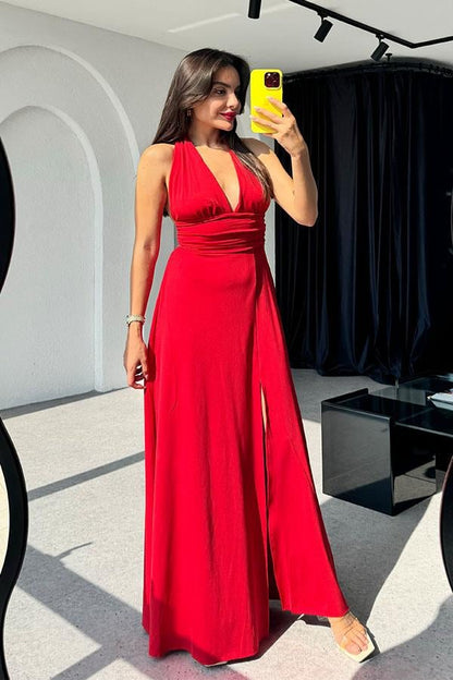 Lively Boyundan Bağlamalı Sırt Dekolteli Elbise-Kırmızı