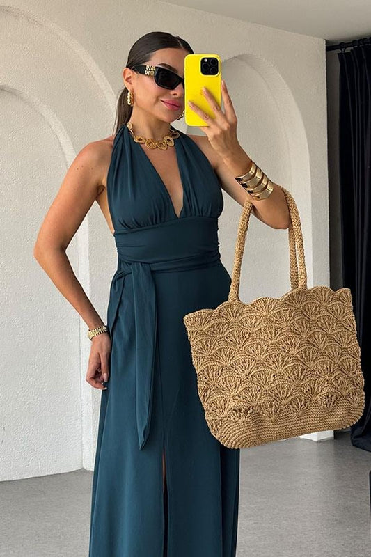 Lively Boyundan Bağlamalı Sırt Dekolteli Elbise-Zümrüt