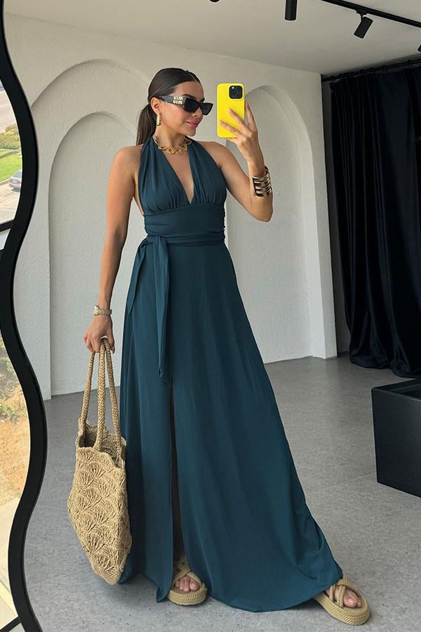 Lively Boyundan Bağlamalı Sırt Dekolteli Elbise-Zümrüt