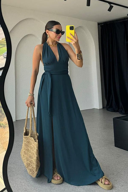 Lively Boyundan Bağlamalı Sırt Dekolteli Elbise-Zümrüt