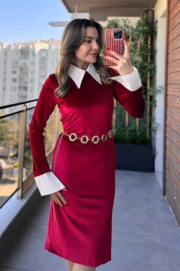 Lizwi Beyaz Yakalı Kadife Elbise - Kırmızı