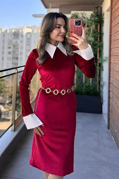 Lizwi Beyaz Yakalı Kadife Elbise - Kırmızı