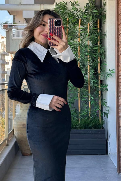 Lizwi Beyaz Yakalı Kadife Elbise - Siyah