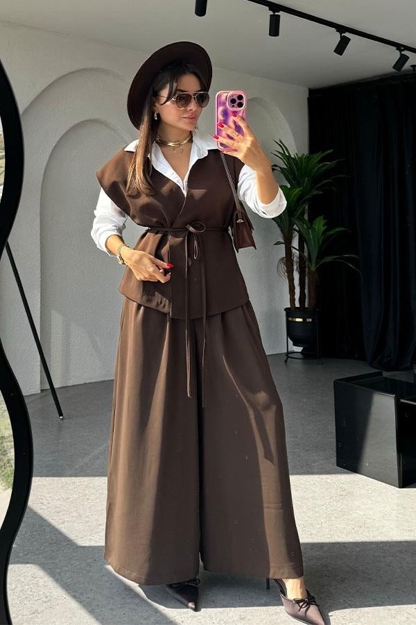 Lola Bağlamalı Geniş Paça Acı Kahve Takım