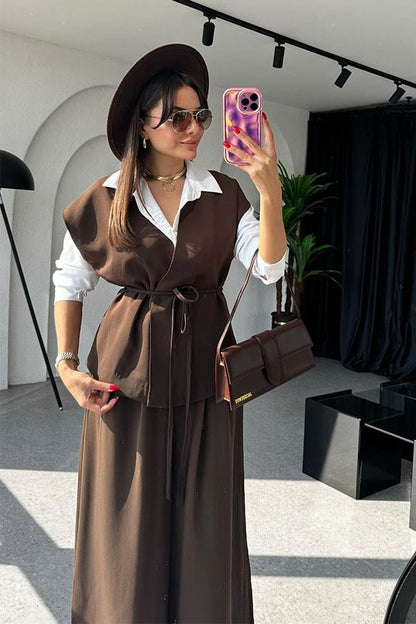 Lola Bağlamalı Geniş Paça Acı Kahve Takım