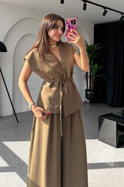 Lola Bağlamalı Geniş Paça Haki Takım