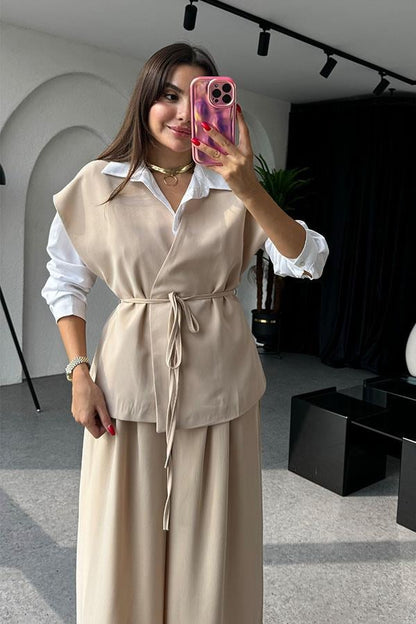 Lola Bağlamalı Geniş Paça Krem Takım