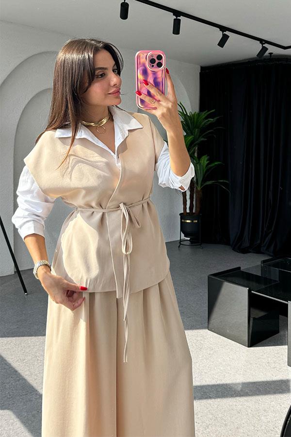 Lola Bağlamalı Geniş Paça Krem Takım