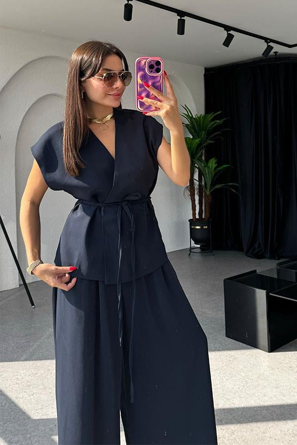 Lola Bağlamalı Geniş Paça Lacivert Takım