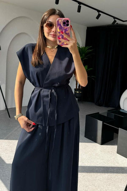 Lola Bağlamalı Geniş Paça Lacivert Takım