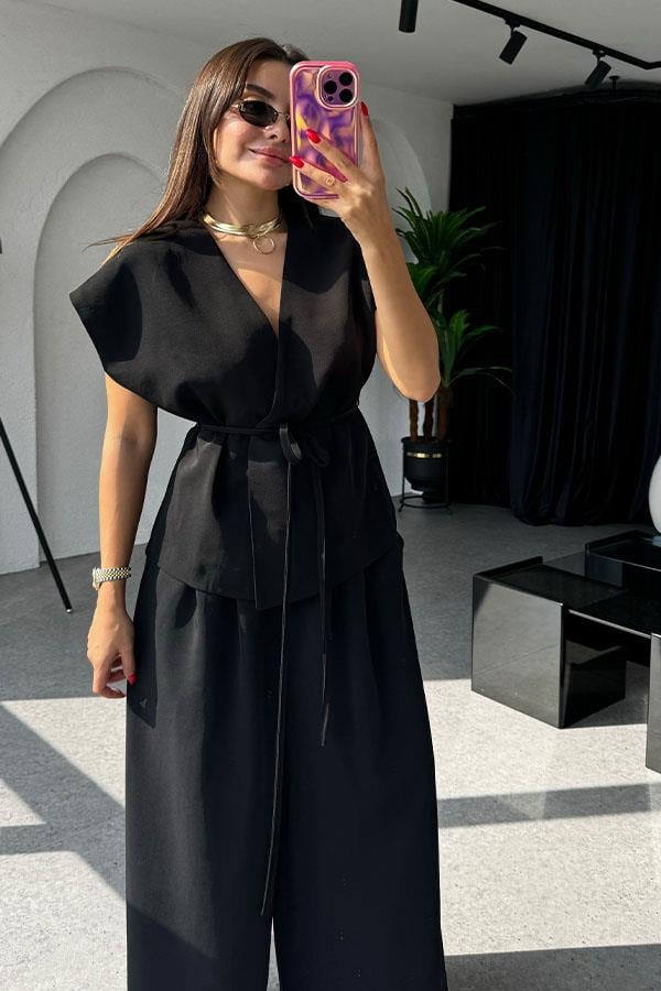 Lola Bağlamalı Geniş Paça Siyah Takım