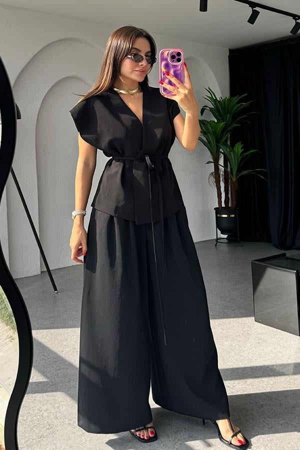 Lola Bağlamalı Geniş Paça Siyah Takım