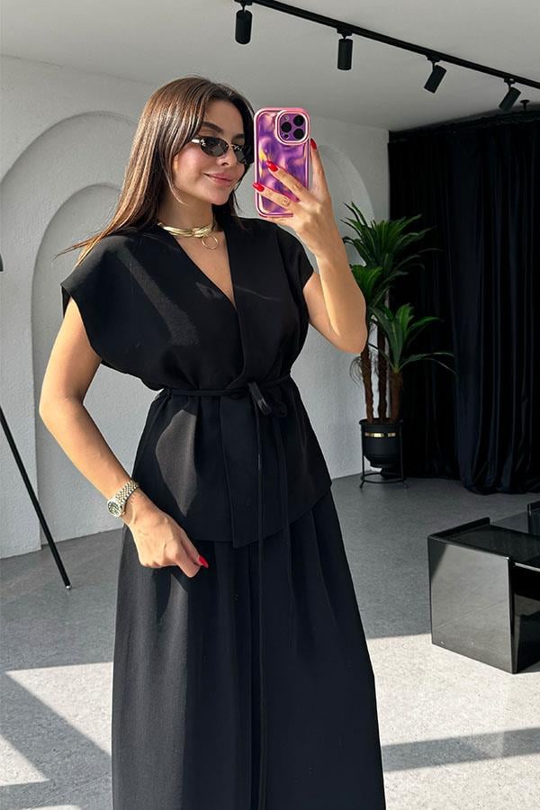 Lola Bağlamalı Geniş Paça Siyah Takım