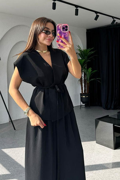 Lola Bağlamalı Geniş Paça Siyah Takım