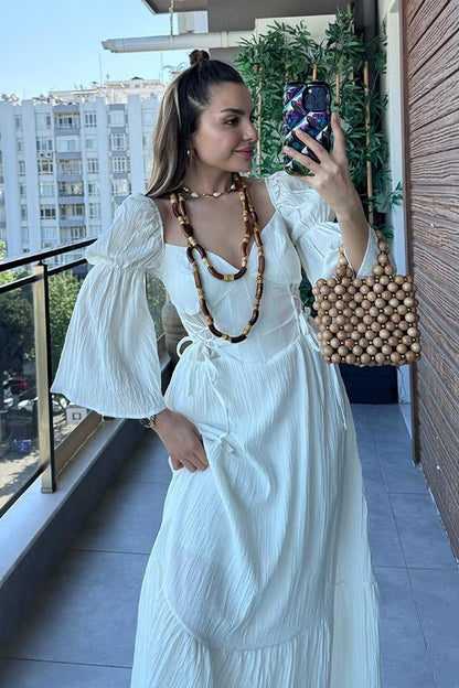 Loleta Keten Kırinkıl Tasarım Elbise - Ekru