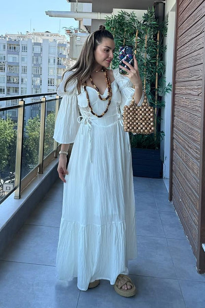 Loleta Keten Kırinkıl Tasarım Elbise - Ekru