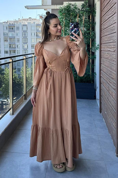 Loleta Keten Kırinkıl Tasarım Elbise - Kiremit