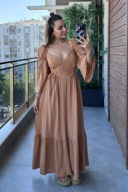 Loleta Keten Kırinkıl Tasarım Elbise - Kiremit