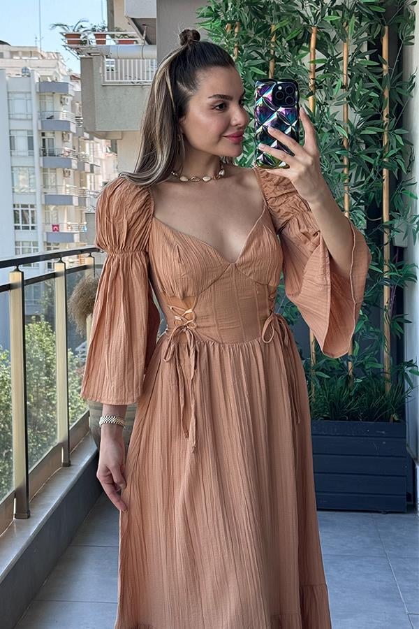 Loleta Keten Kırinkıl Tasarım Elbise - Kiremit