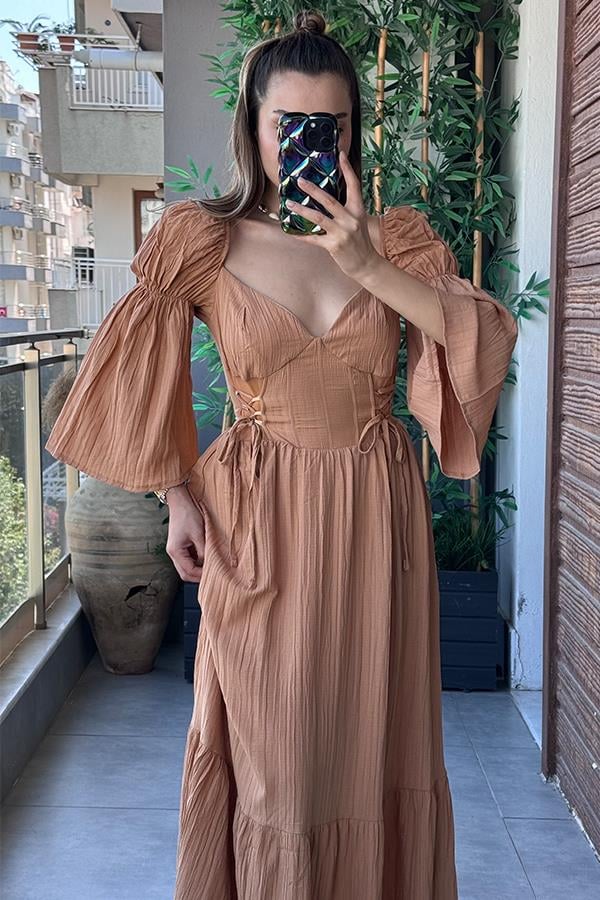 Loleta Keten Kırinkıl Tasarım Elbise - Kiremit