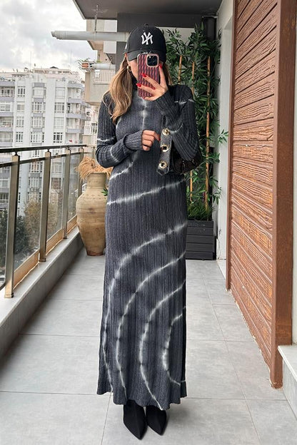 Loliete Balıkçı Yaka Batik Desen Antrasit Elbise