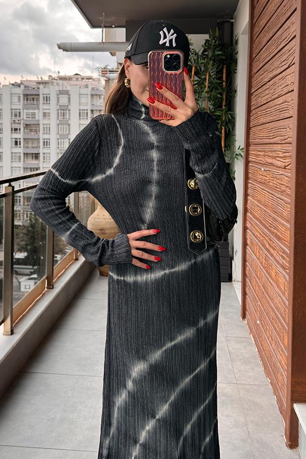 Loliete Balıkçı Yaka Batik Desen Antrasit Elbise