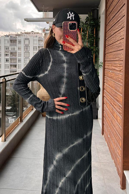 Loliete Balıkçı Yaka Batik Desen Antrasit Elbise