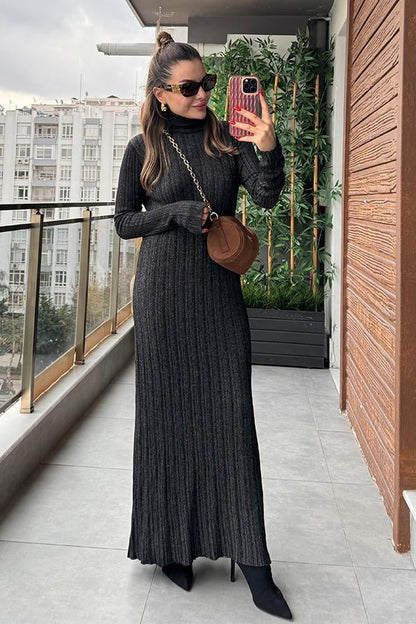 Loliete Balıkçı Yaka Kırçıllı Antrasit Elbise