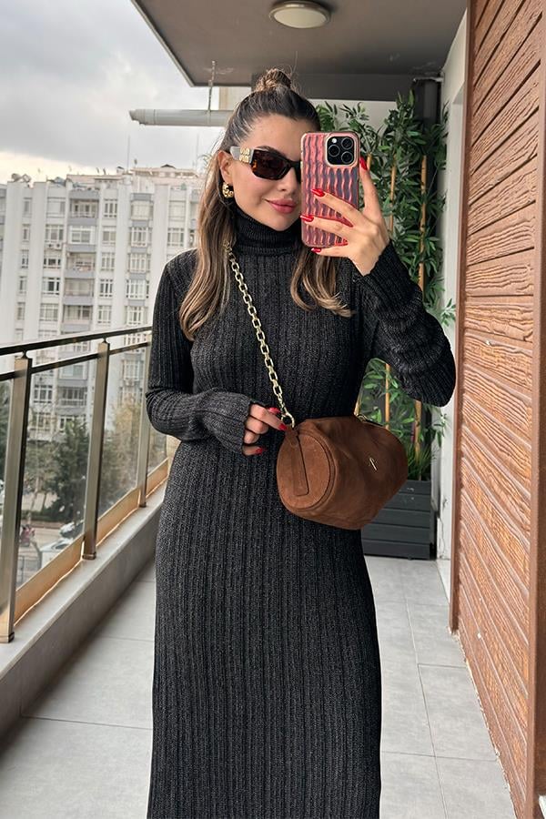 Loliete Balıkçı Yaka Kırçıllı Antrasit Elbise
