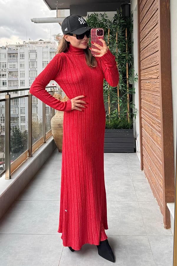 Loliete Balıkçı Yaka Kırçıllı Kırmızı Elbise