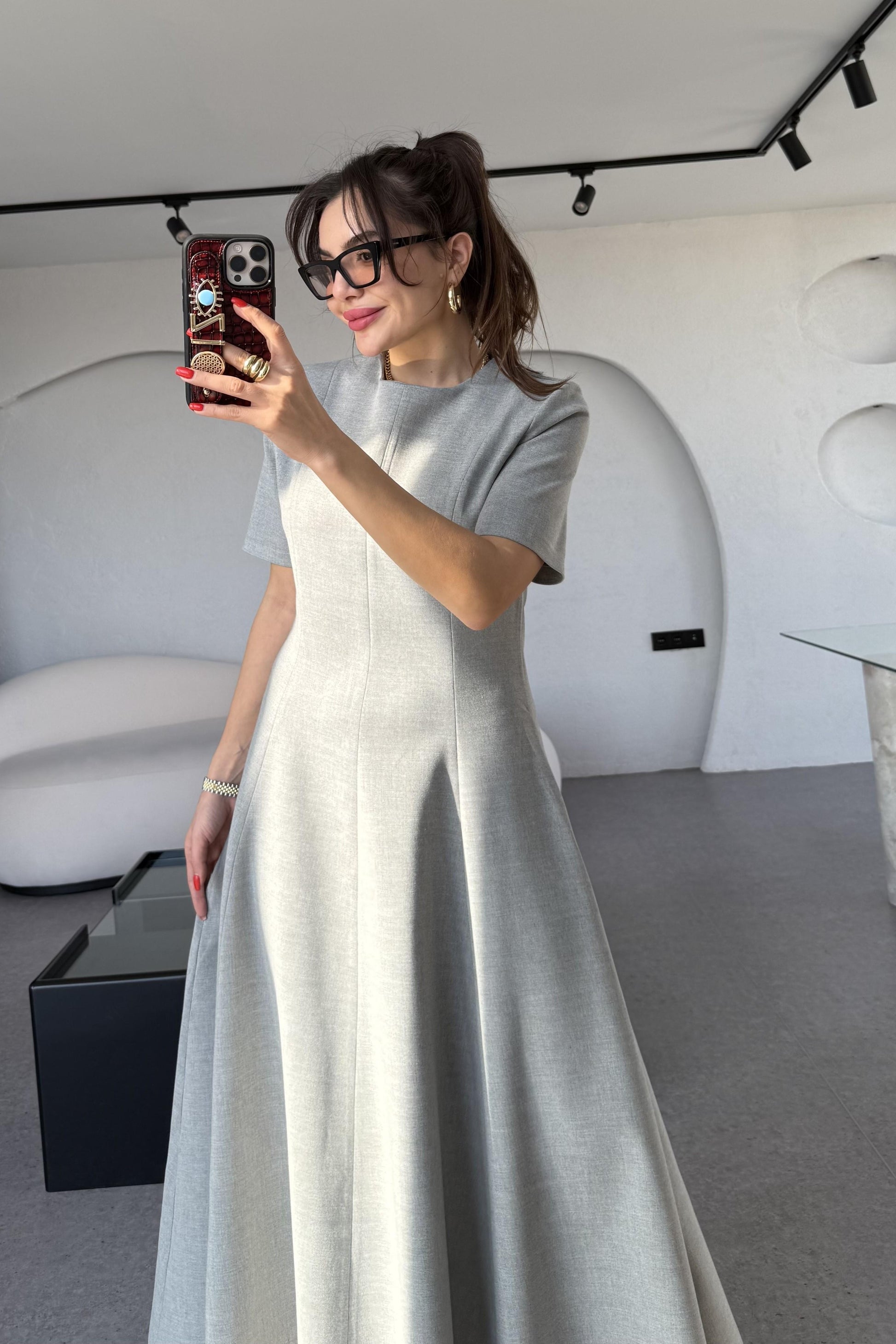 Long Gri Kısa Kollu Volanlı Elbise