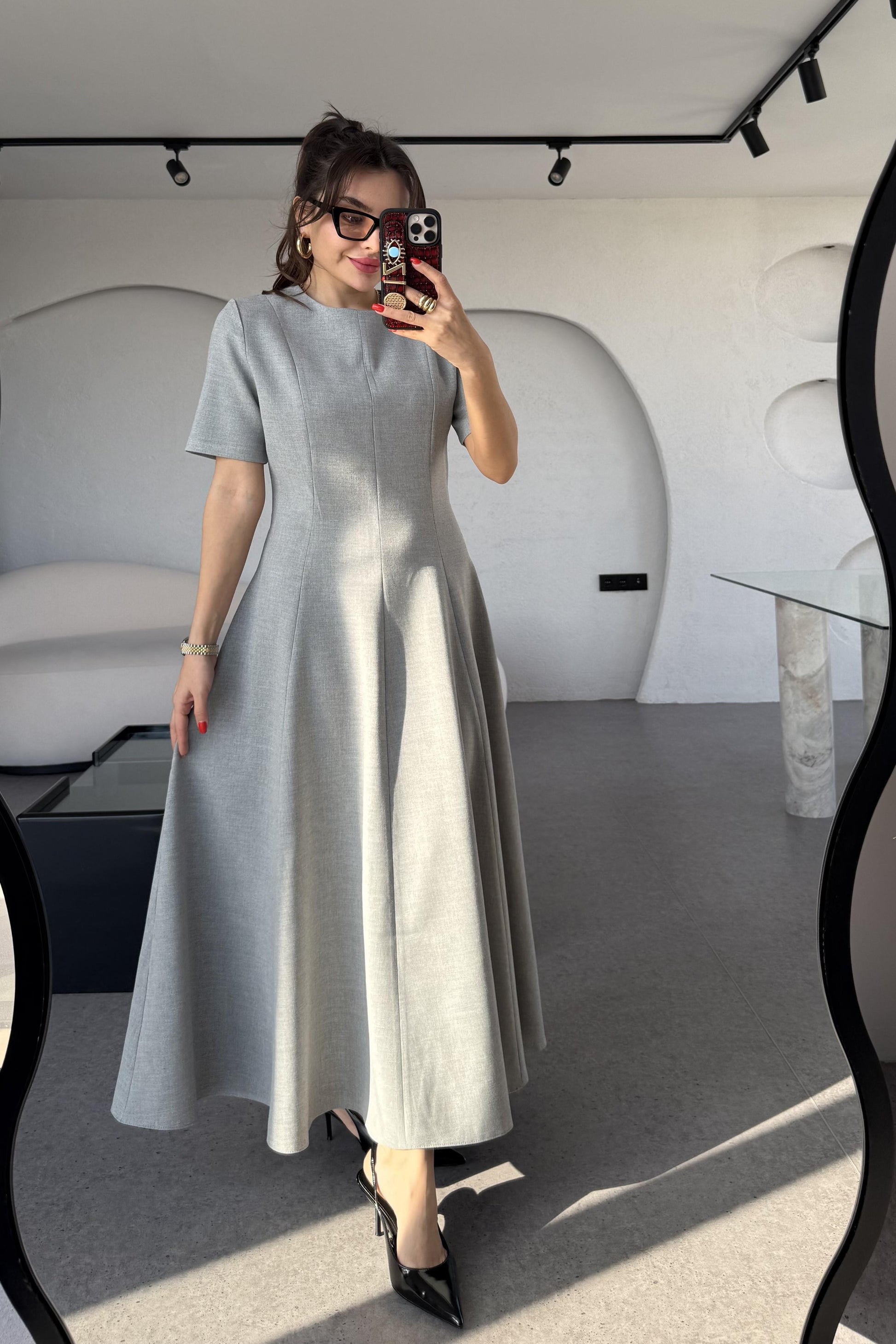 Long Gri Kısa Kollu Volanlı Elbise