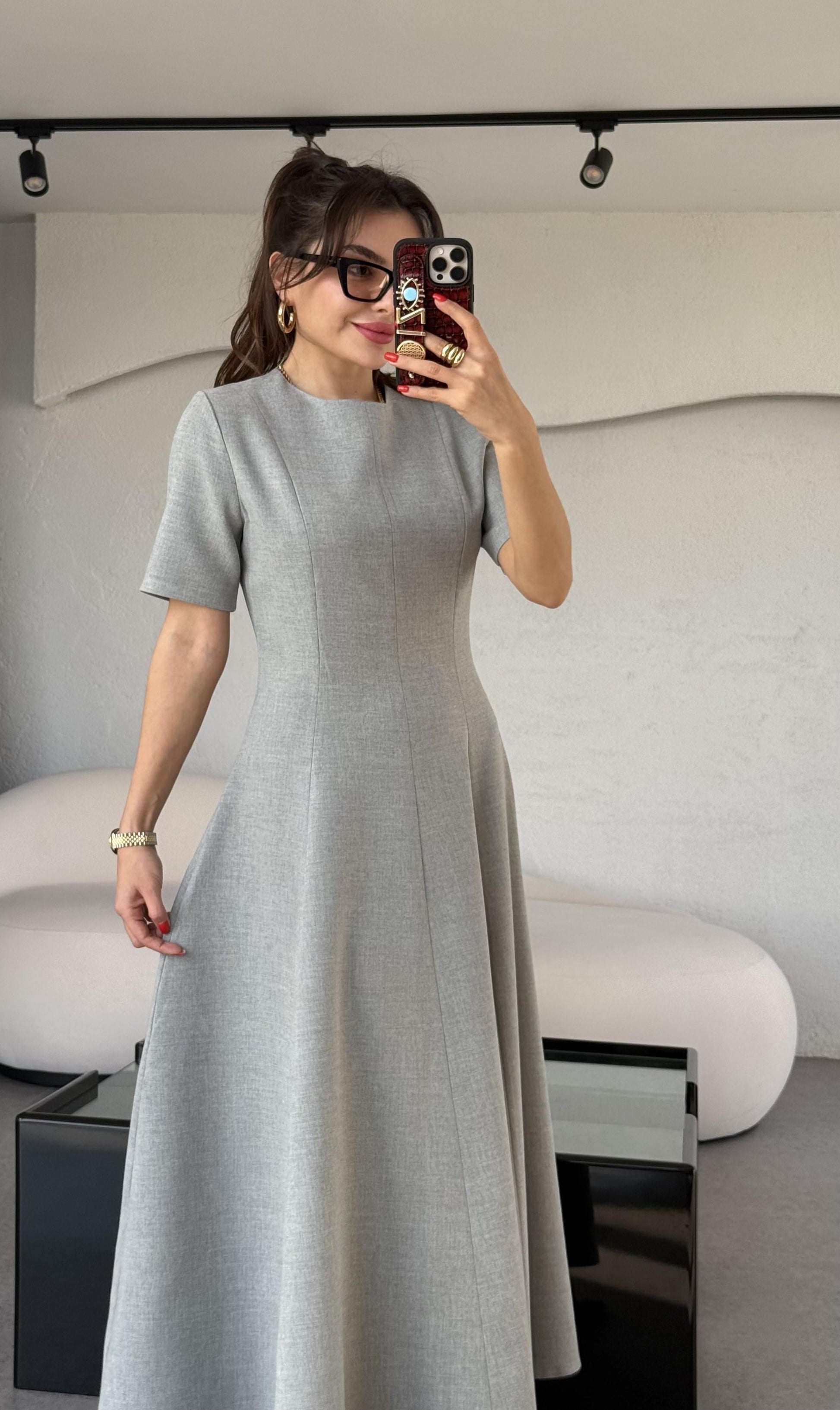 Long Gri Kısa Kollu Volanlı Elbise