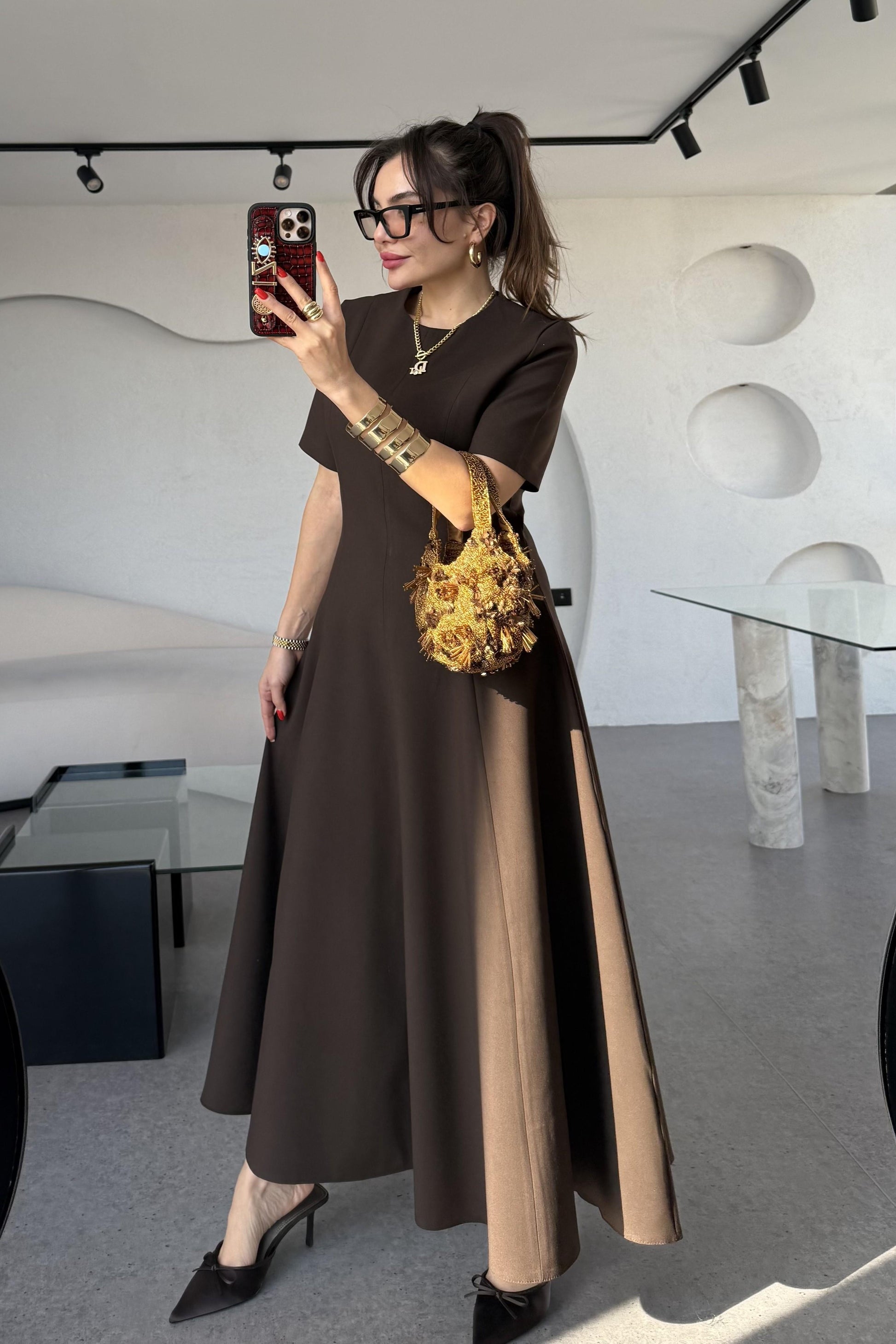 Long Kahve Kısa Kollu Volanlı Elbise