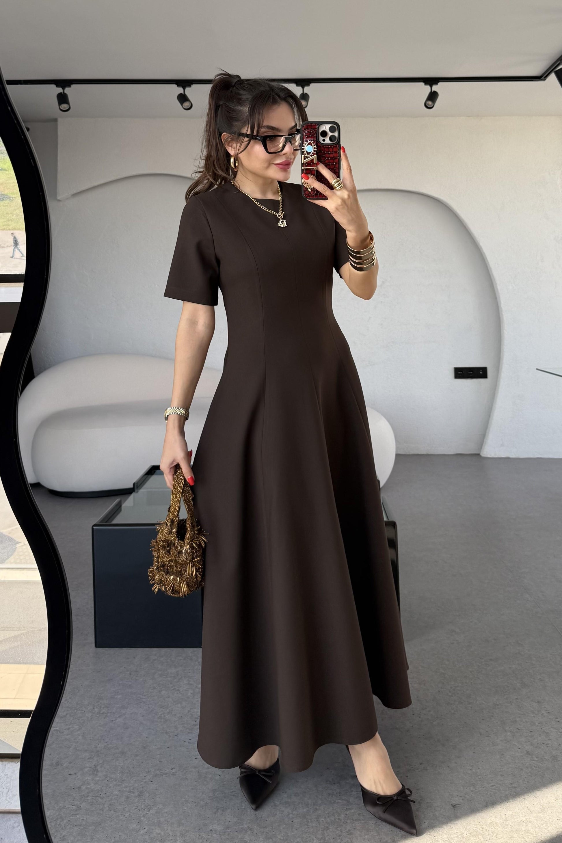 Long Kahve Kısa Kollu Volanlı Elbise