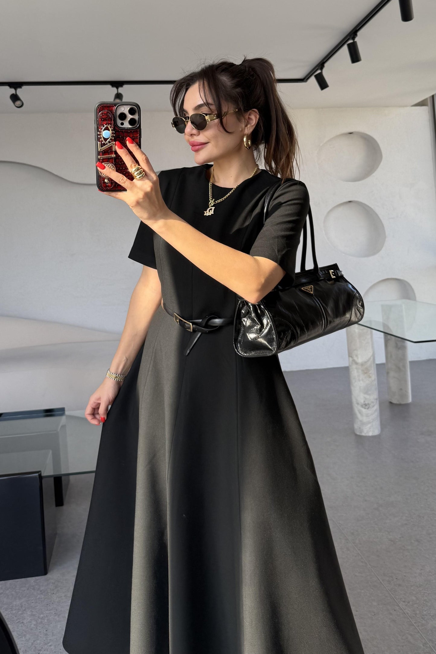 Long Siyah Kısa Kollu Volanlı Elbise