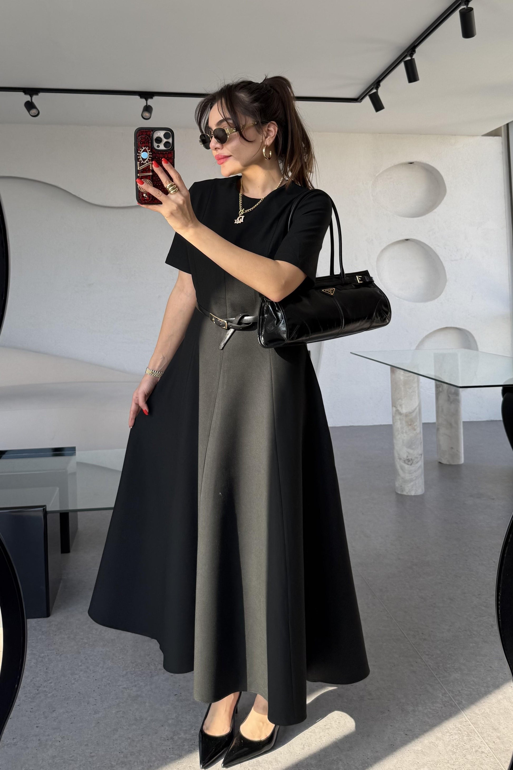 Long Siyah Kısa Kollu Volanlı Elbise