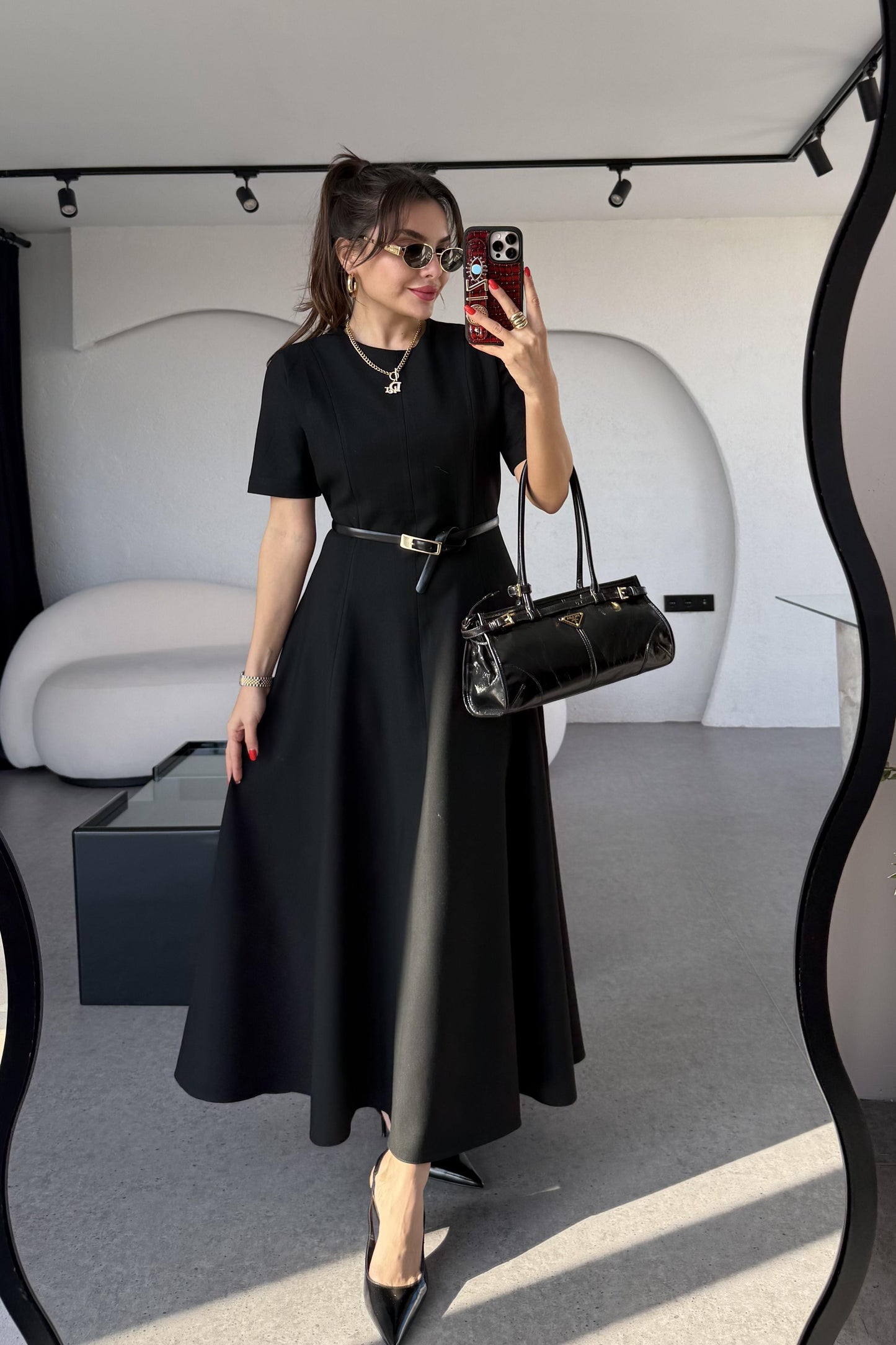 Long Siyah Kısa Kollu Volanlı Elbise