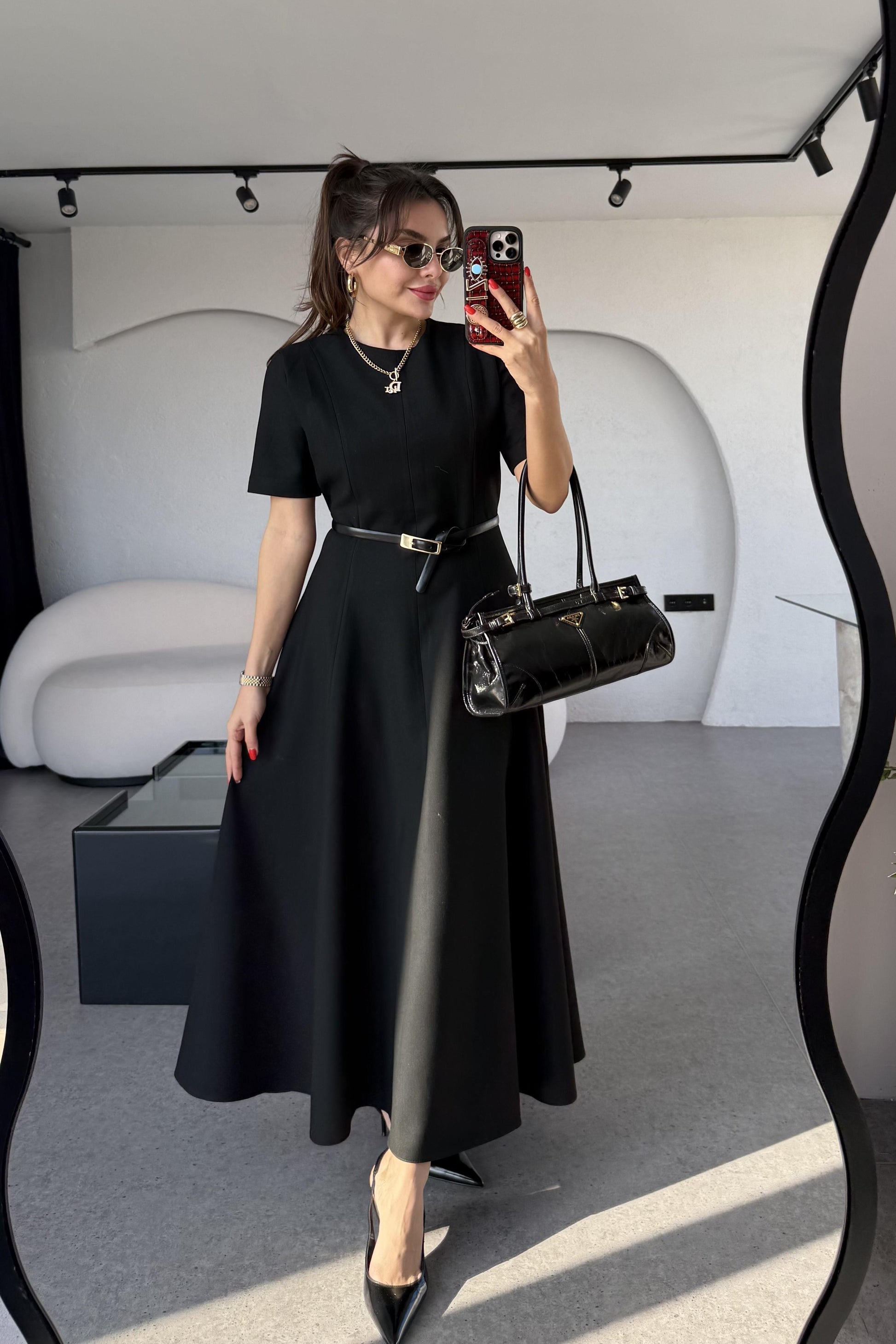 Long Siyah Kısa Kollu Volanlı Elbise