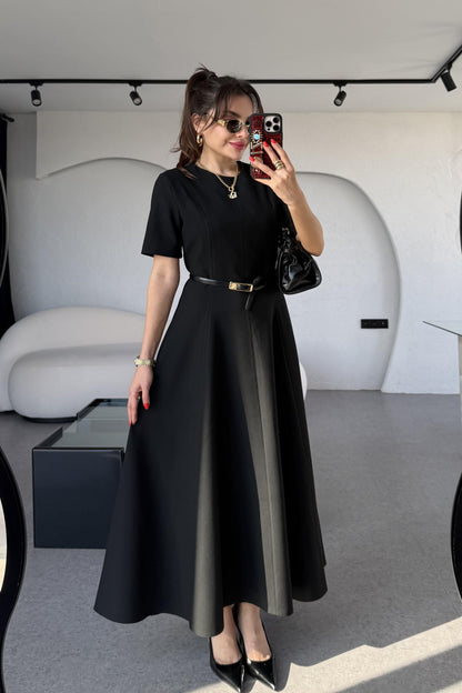 Long Siyah Kısa Kollu Volanlı Elbise