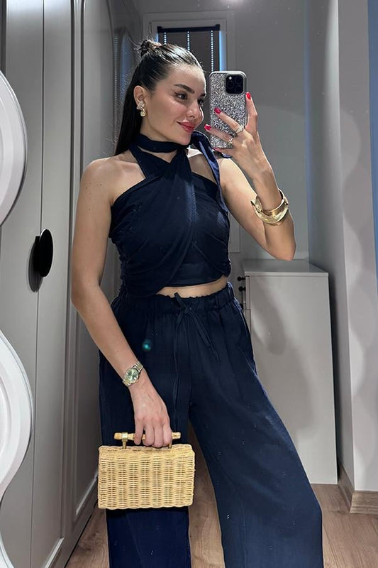 Loni Kruvaze Bağlamalı Müslin Takım - Lacivert