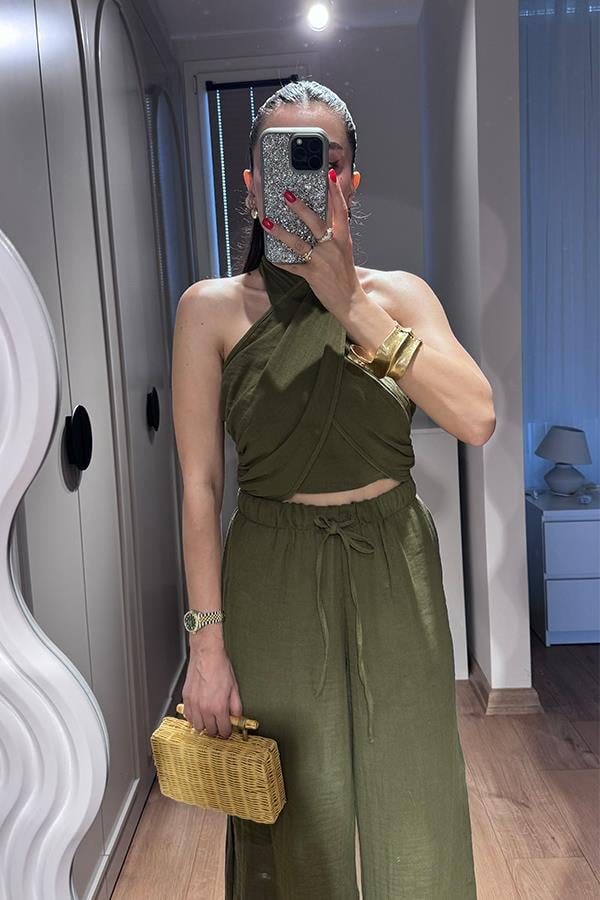 Loni Kruvaze Bağlamalı Müslin Takım - Haki